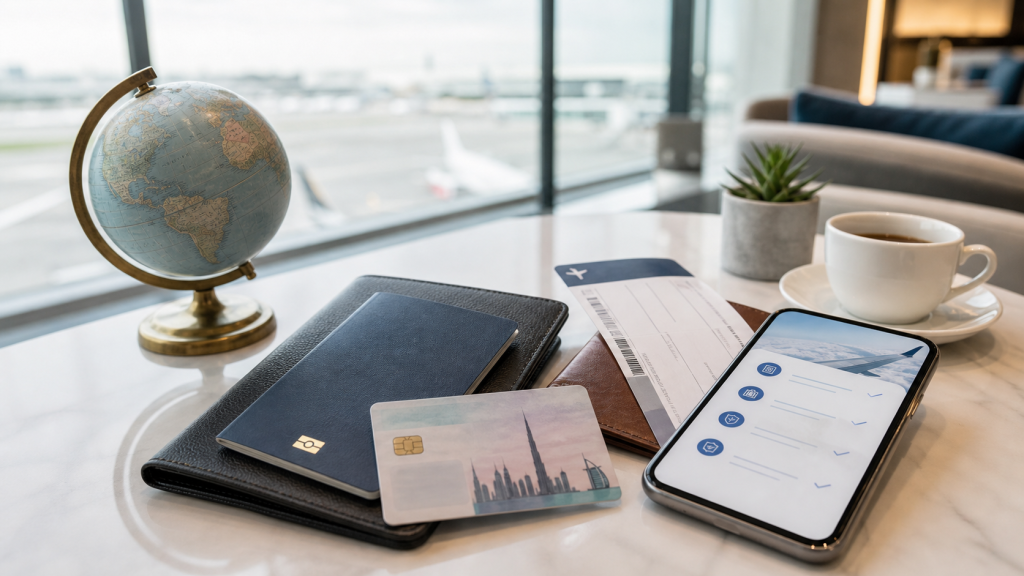 Globe, passport, boarding pass and phone on an airport lounge table