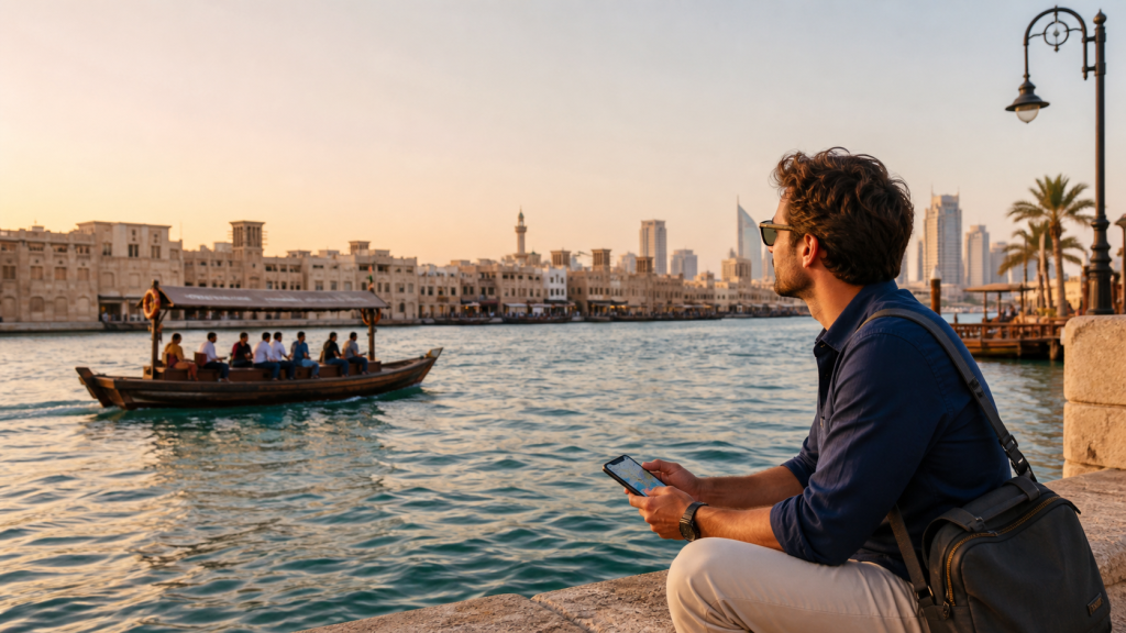 Business traveller relaxing beside Dubai Creek after a conference