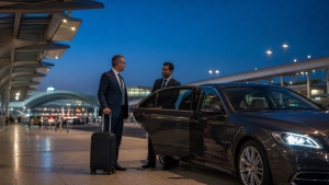 Business traveller meeting a driver beside an executive car at Dubai airport