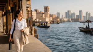 Business traveller taking a free walk beside Dubai Creek between meetings
