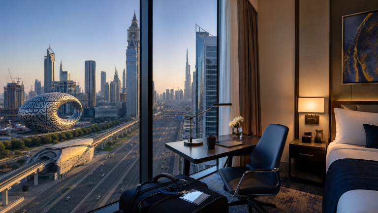 Business hotel room overlooking Dubai World Trade Centre district