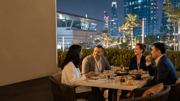 International delegates having dinner near Dubai World Trade Centre